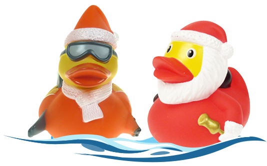 Badeente Bob Buckelpiste in orange und Badeente Santa
