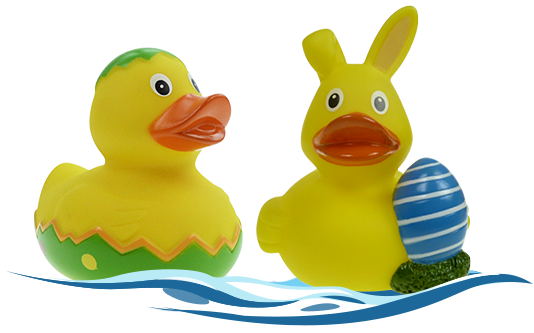 Badeenten Odas und Ostern und Oskar Osterhase als Oster-Badeenten